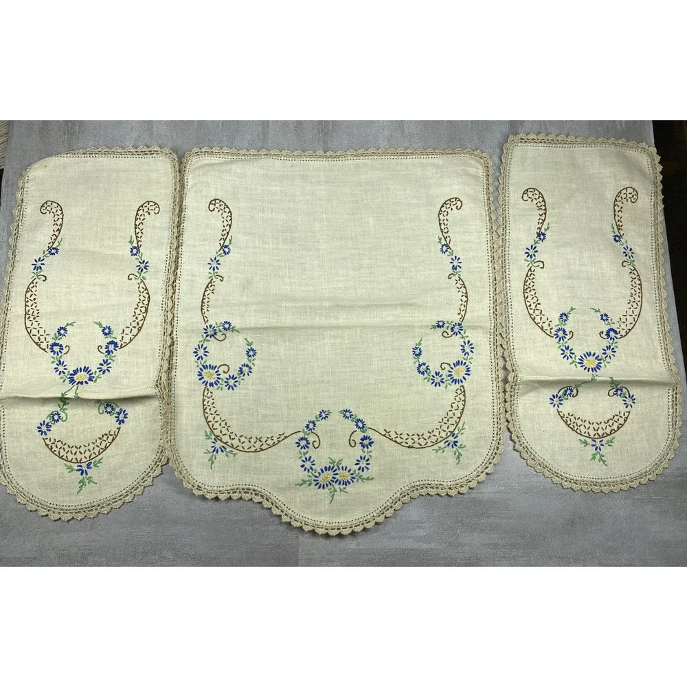 Vintage Beige Linen Embroidered Floral Couch Arm Covers Decor Crochet Set 3
